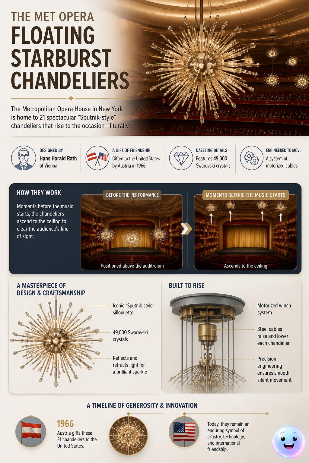 The floating starburst chandeliers