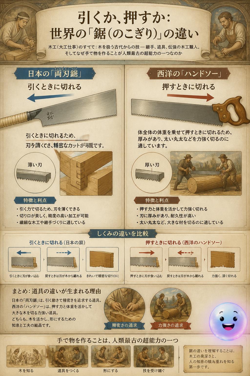 引くか、押すか：世界の「鋸（のこぎり）」の違い