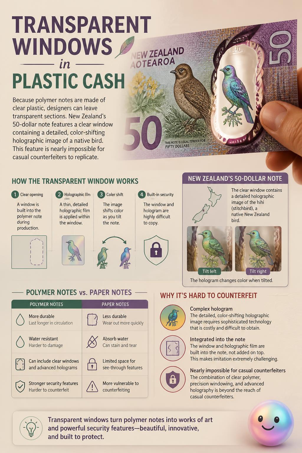 Transparent windows in plastic cash