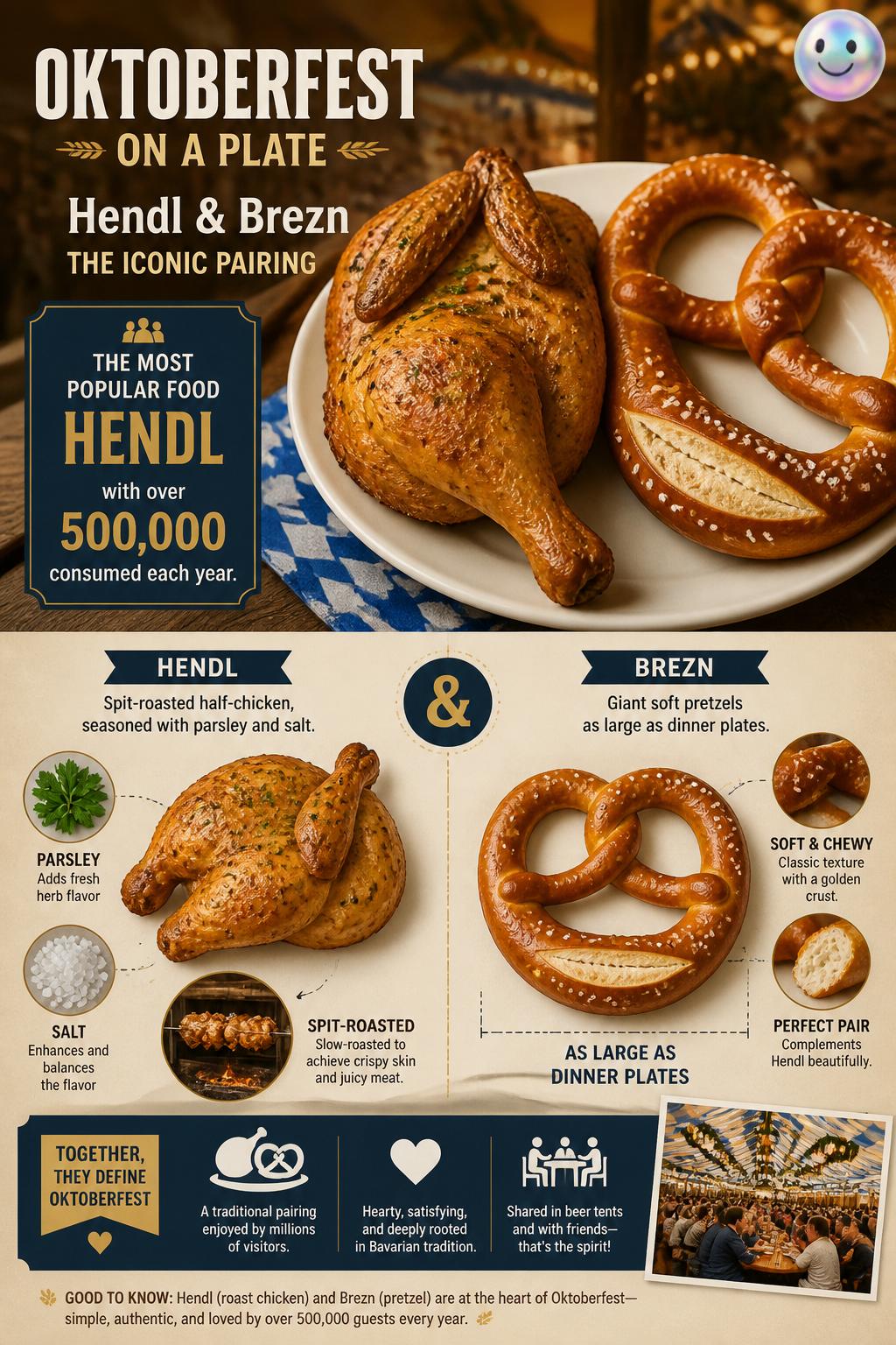 Roast chicken and giant pretzels