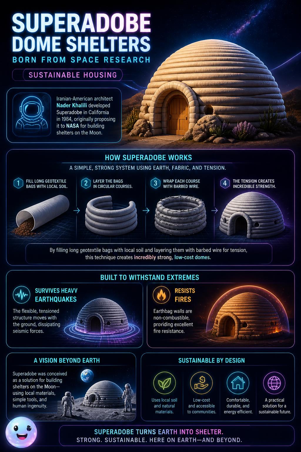 Superadobe dome shelters born from space research