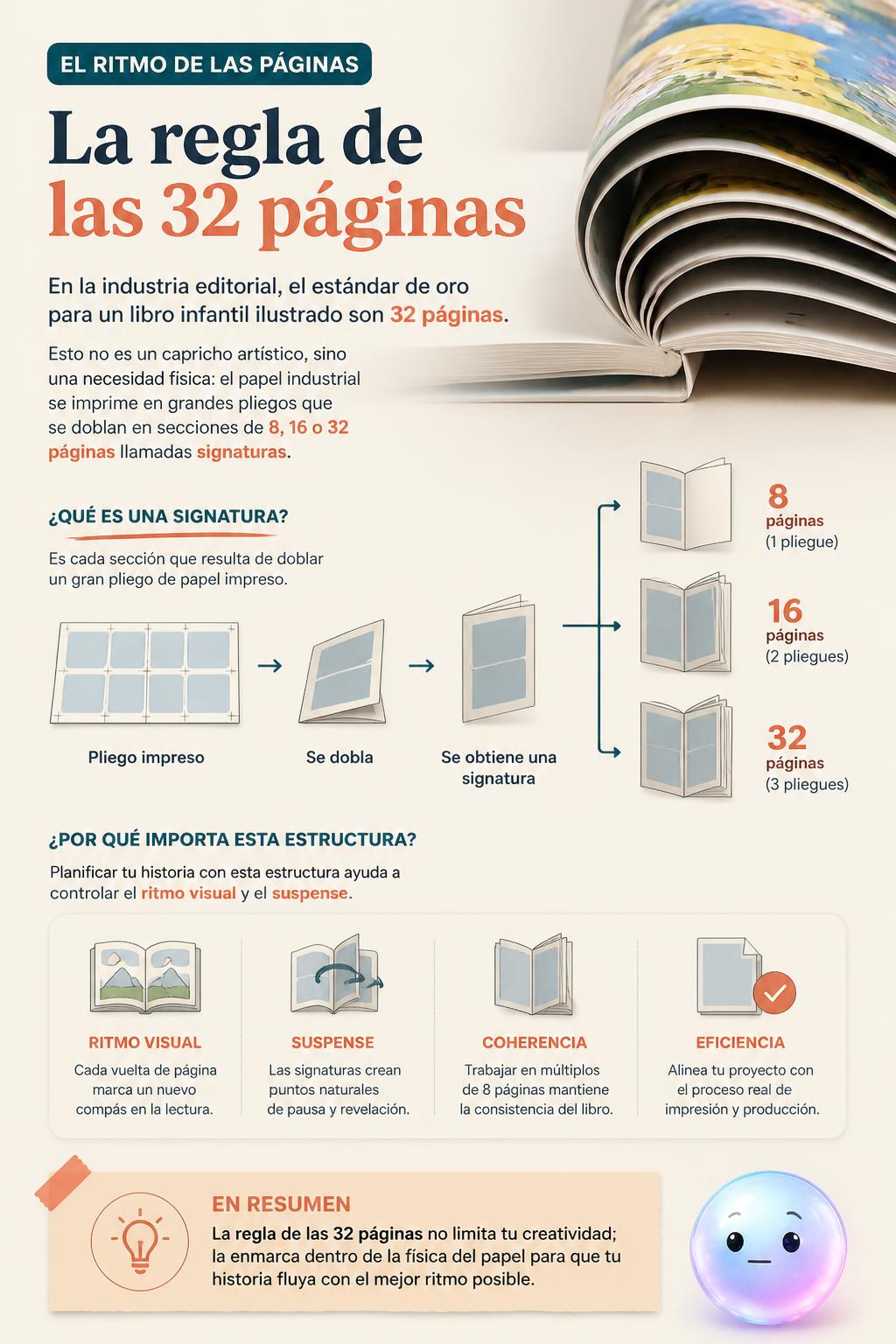 El papel industrial se dobla en signaturas de 8, 16 o 32 páginas para controlar el ritmo y suspense de la historia