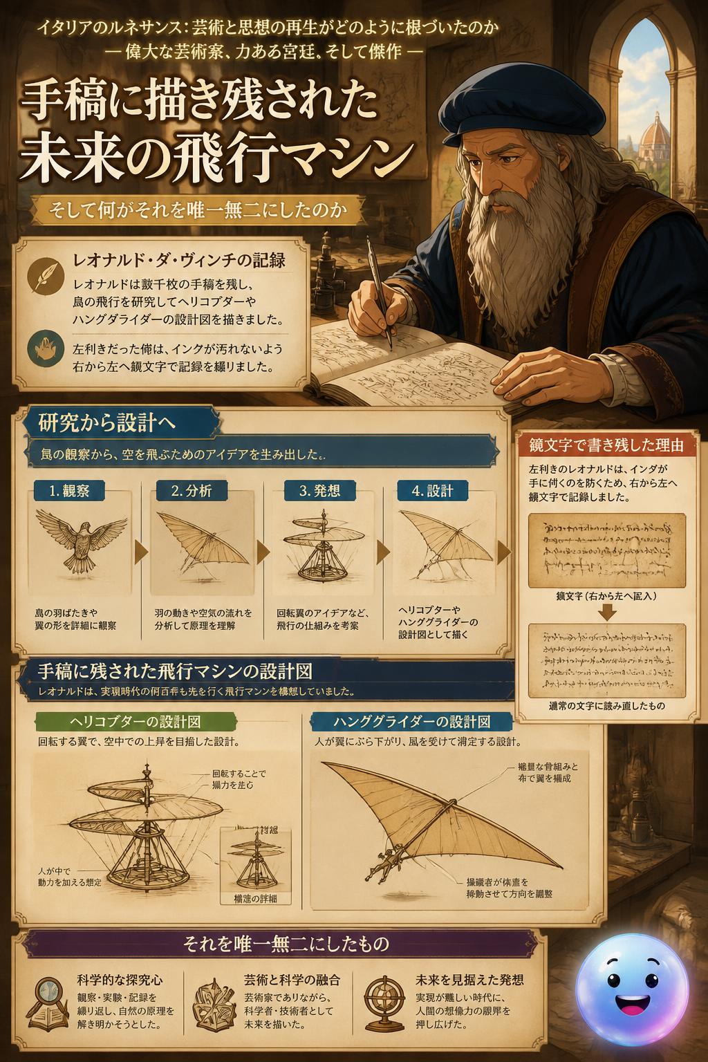 手稿に描き残された未来の飛行マシン