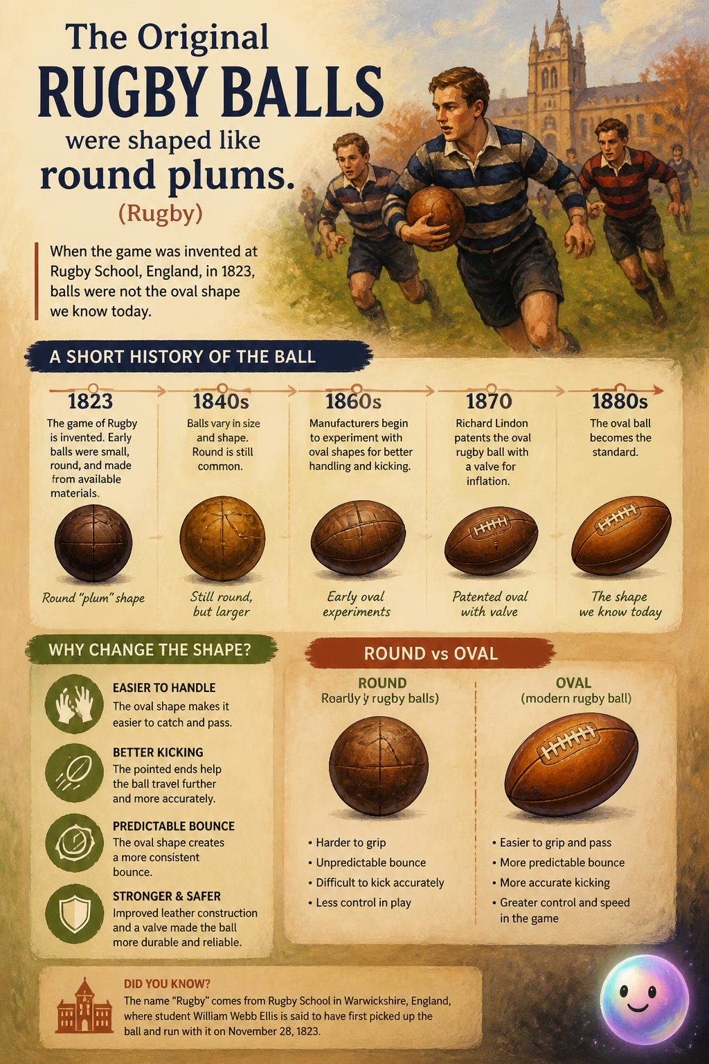 The original rugby balls were shaped like round plums