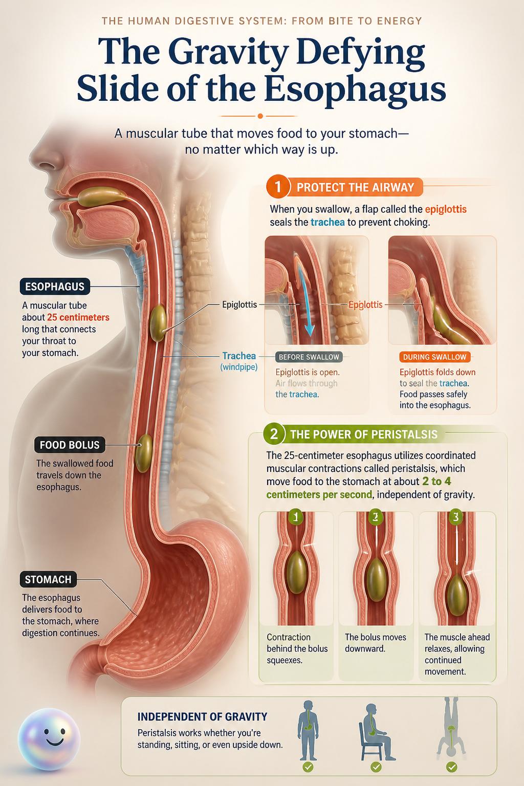 The gravity defying slide of the esophagus