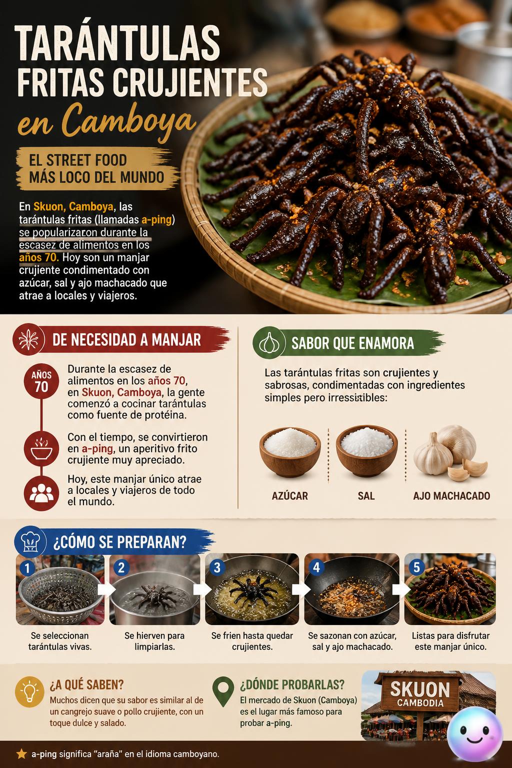 Tarántulas fritas crujientes en Camboya