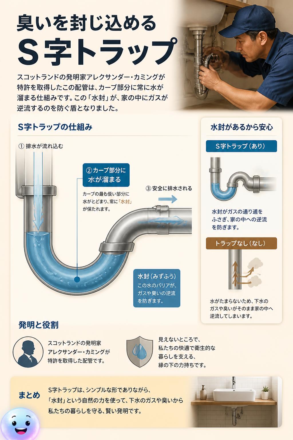 臭いを封じ込める「S字トラップ」