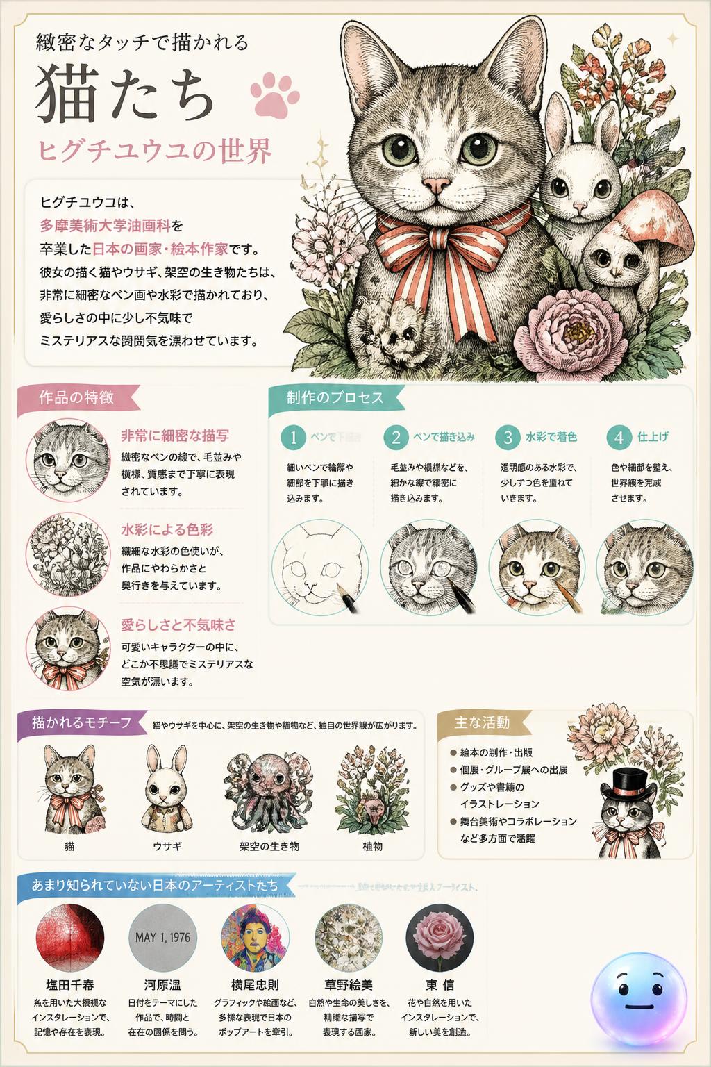 緻密なタッチで描かれる猫たち