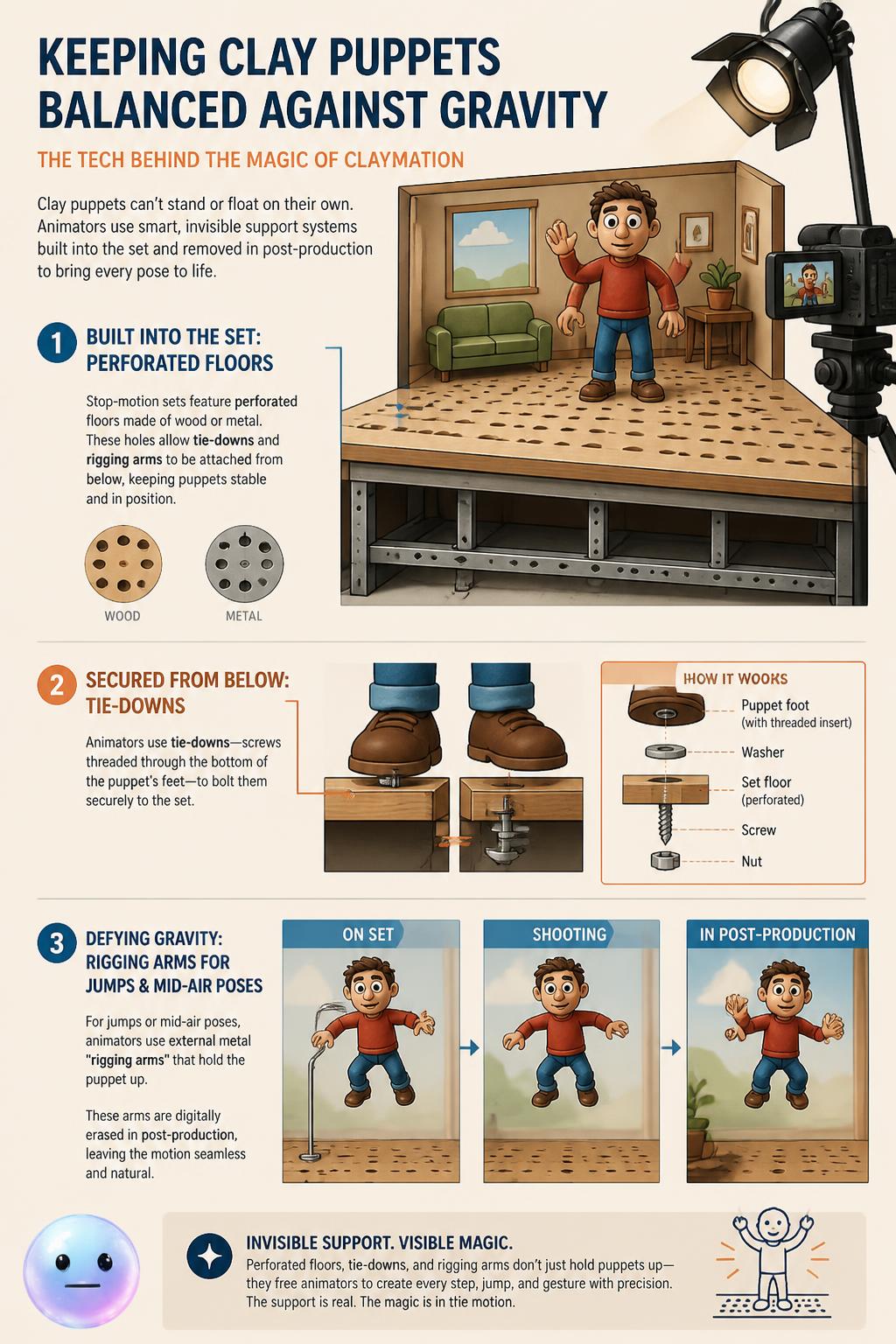 Keeping clay puppets balanced against gravity