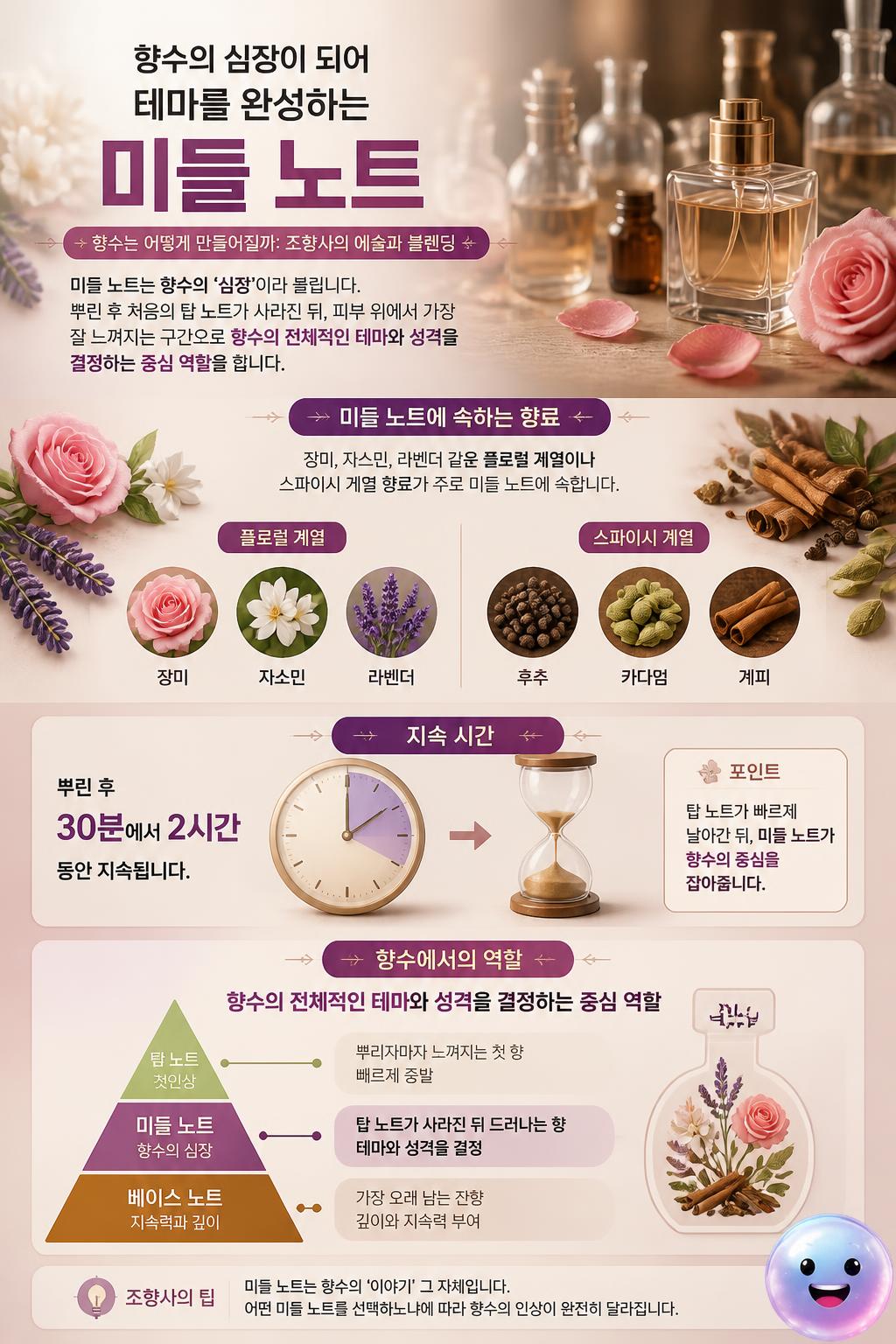 향수의 심장이 되어 테마를 완성하는 미들 노트