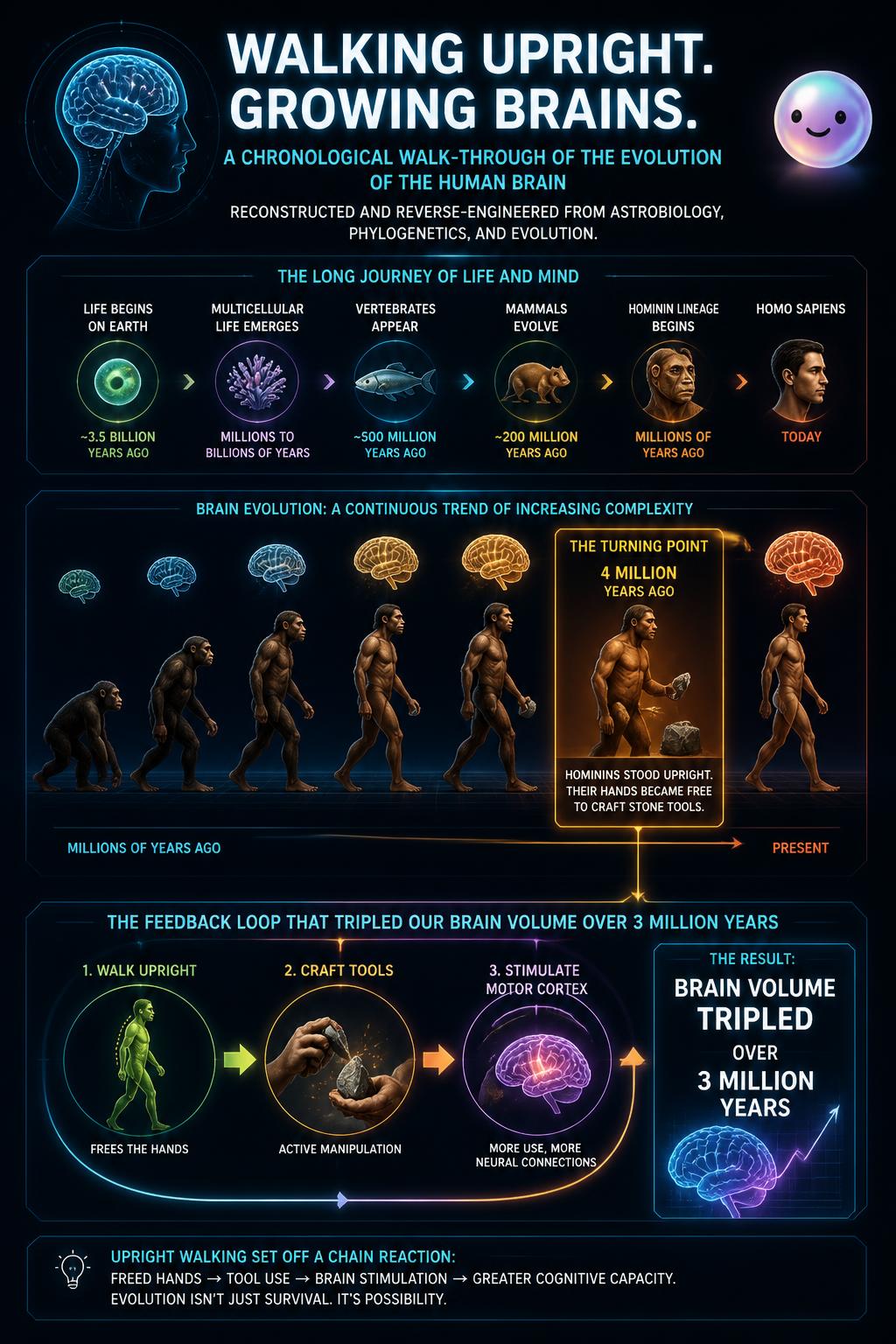 Walking upright and growing brains