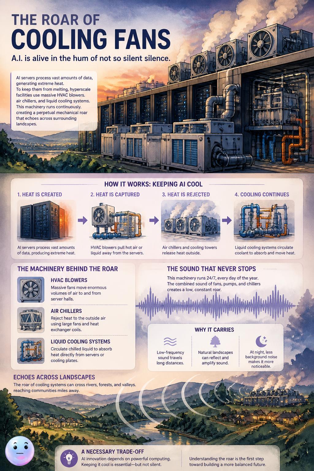 The roar of the cooling fans