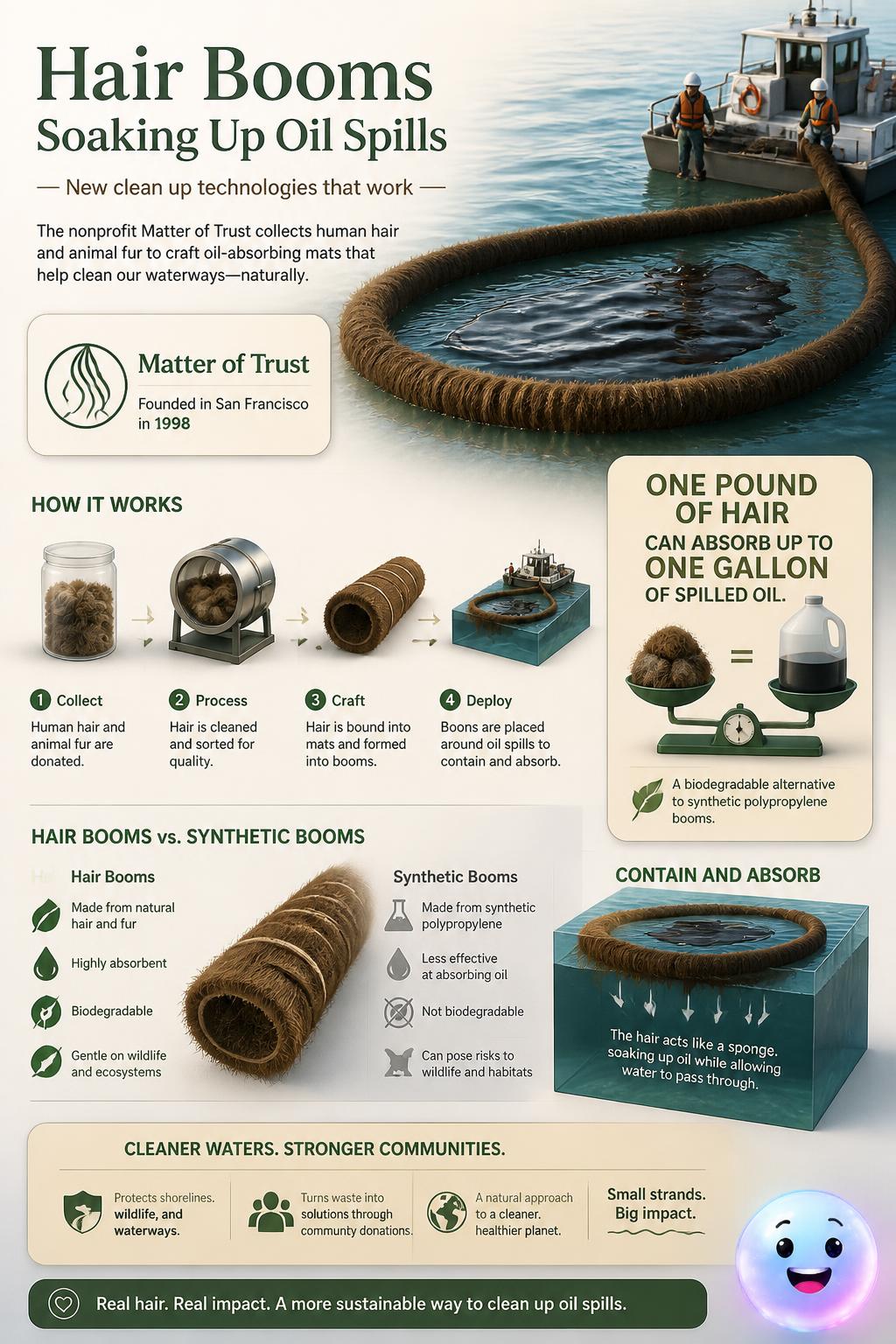 Hair booms soaking up oil spills