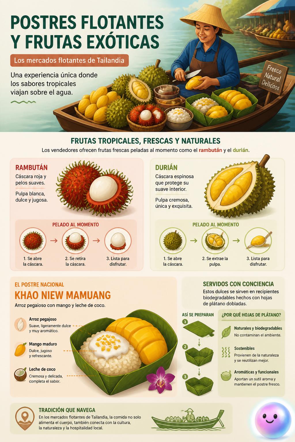 Postres flotantes y frutas exóticas