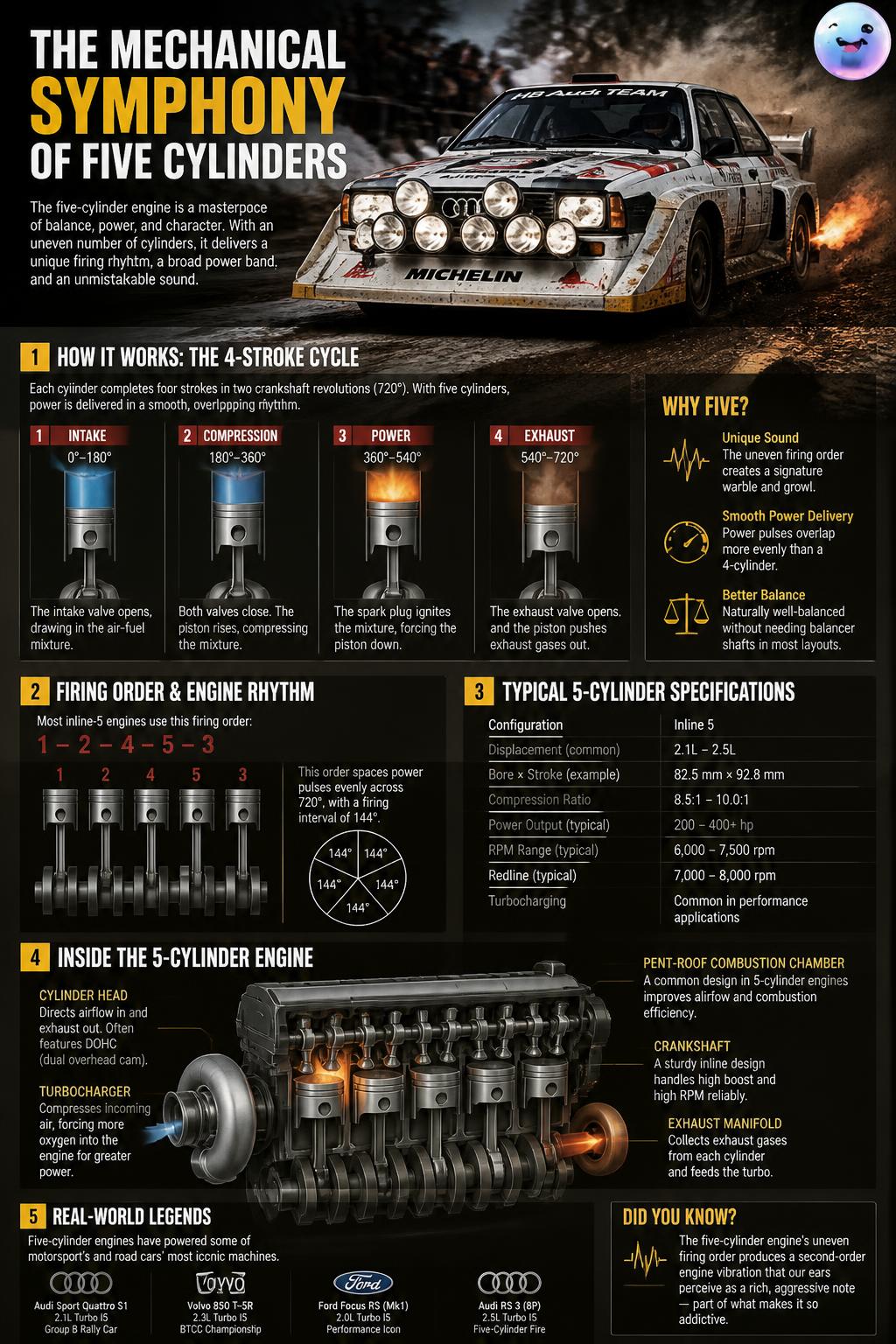 The mechanical symphony of five cylinders