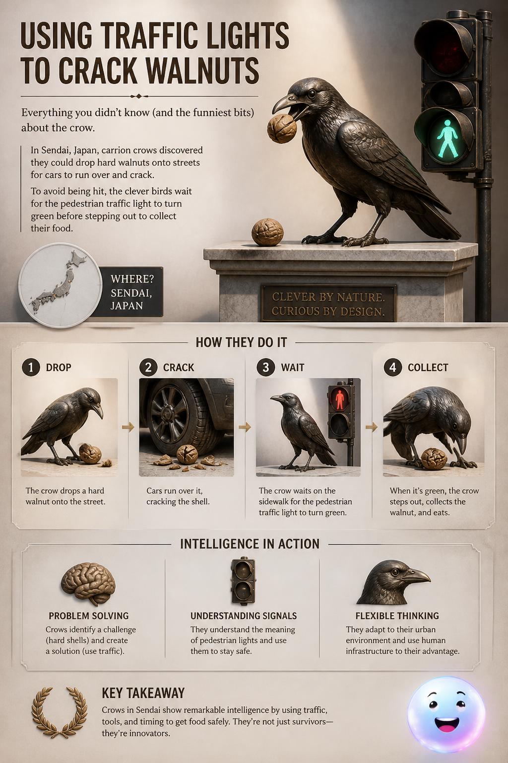 Crows Using Traffic Lights to Crack Walnuts
