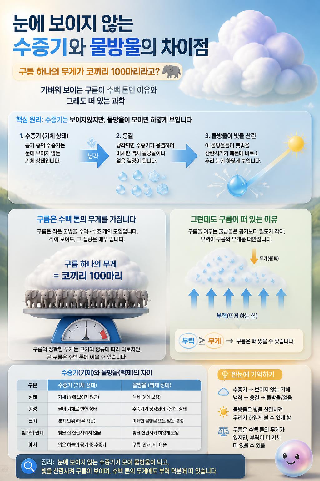 눈에 보이지 않는 수증기와 물방울의 차이점