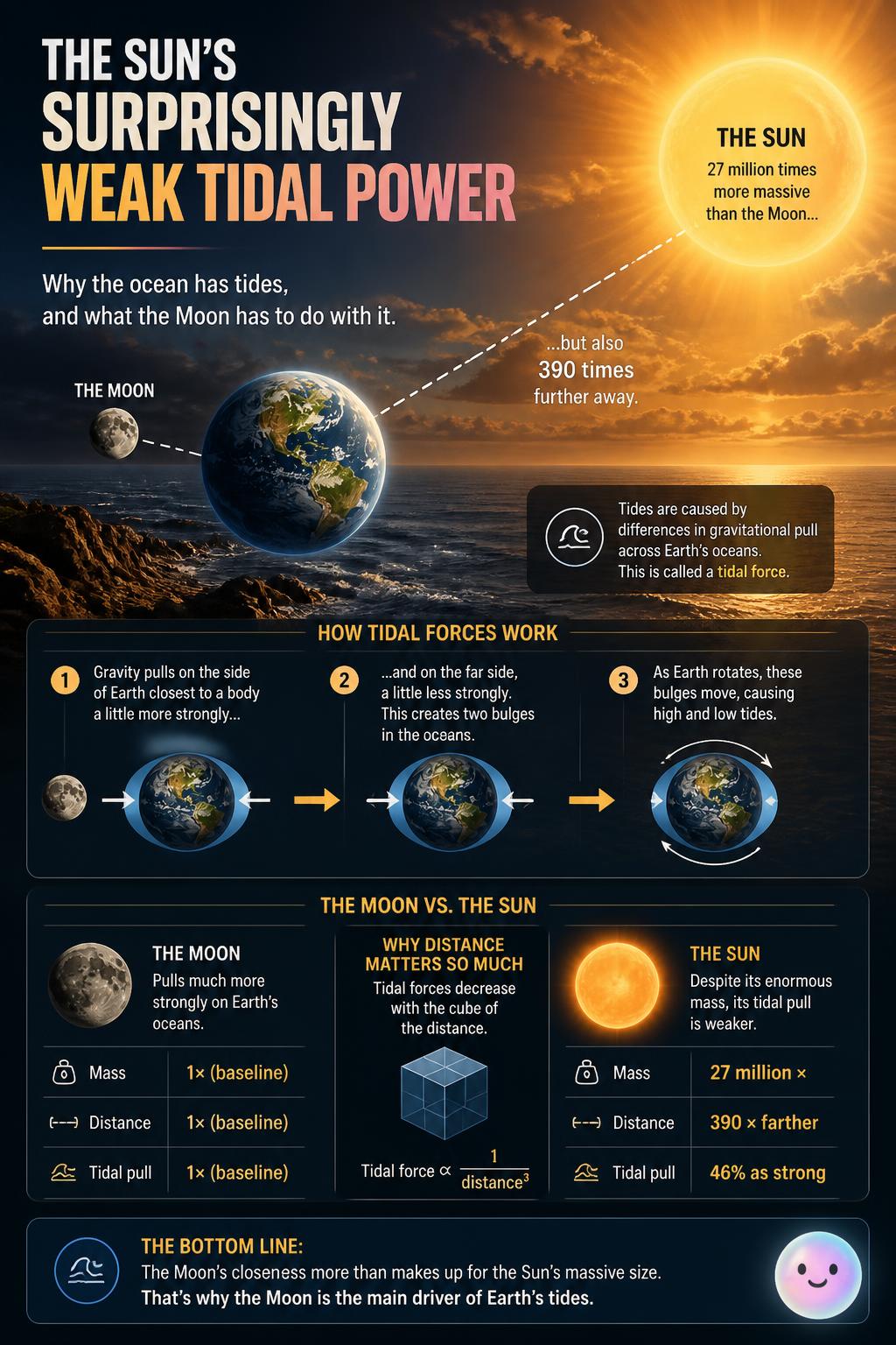 The Sun's surprisingly weak tidal power
