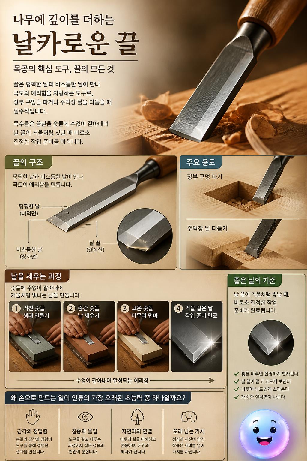 나무에 깊이를 더하는 날카로운 끌