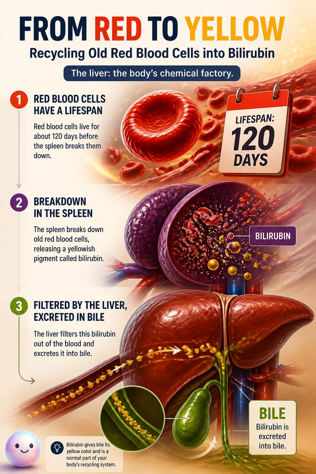 Recycling old red blood cells into bilirubin