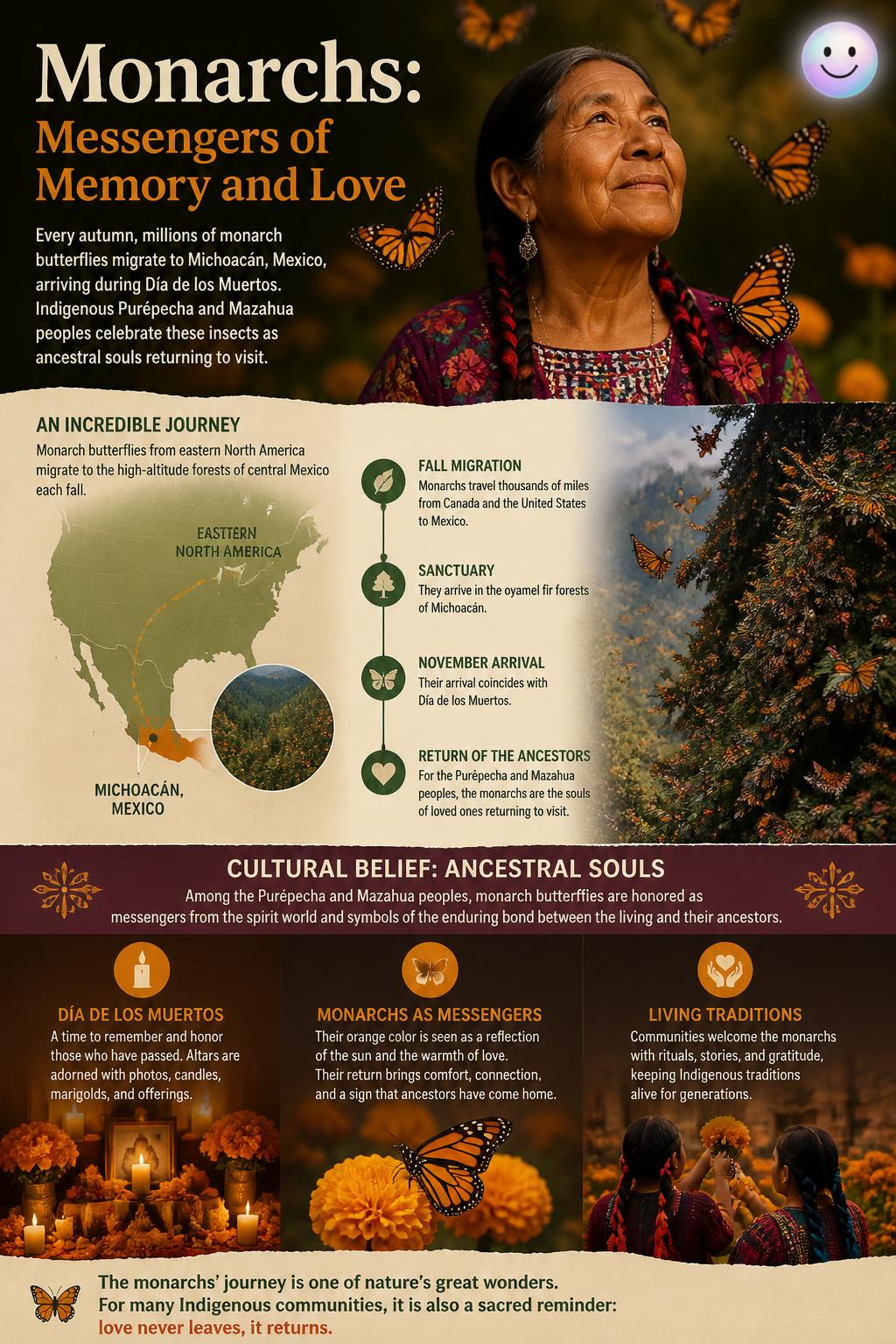 Monarch butterflies and returning ancestors