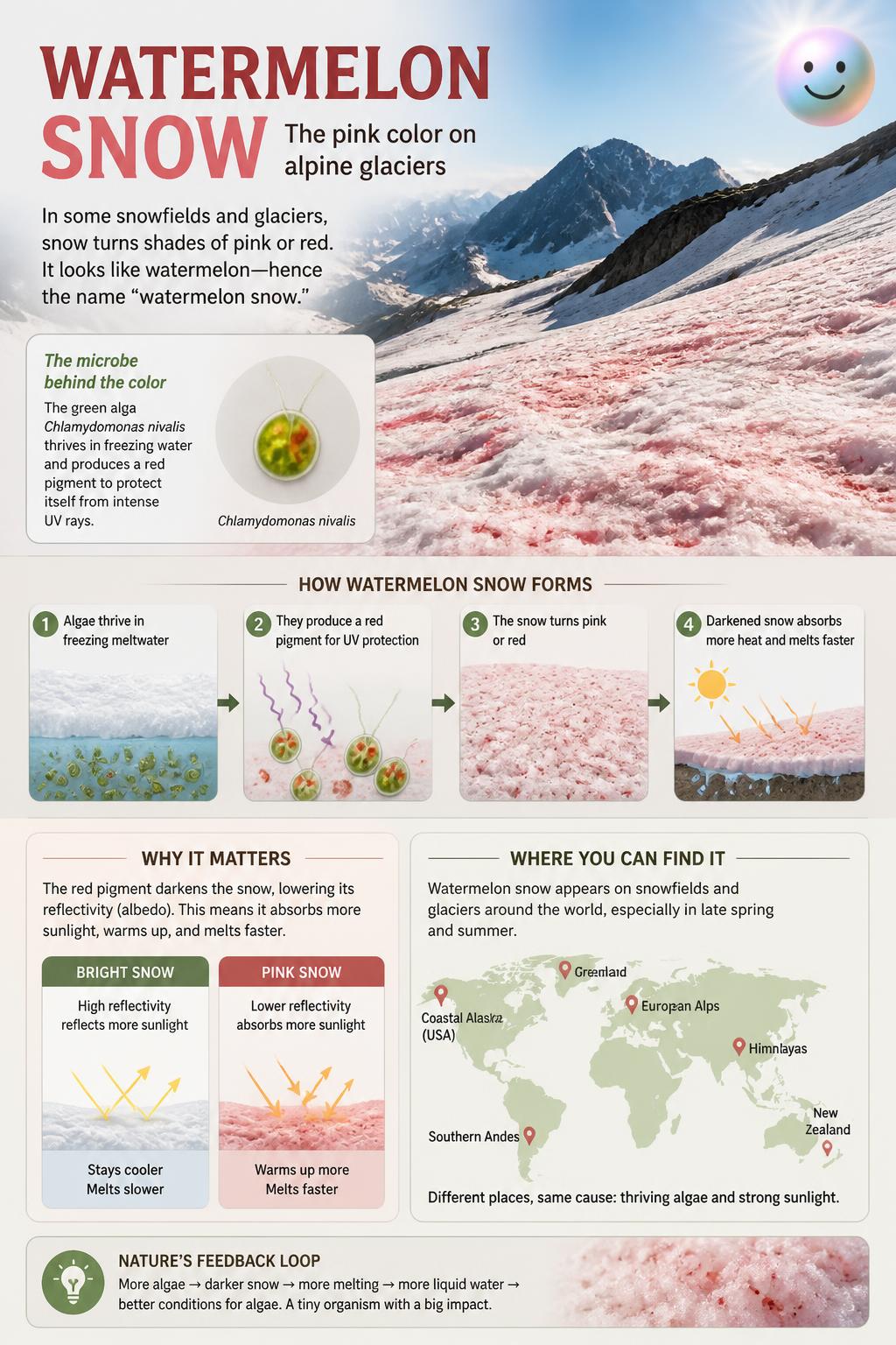 Watermelon snow and pink alpine glaciers