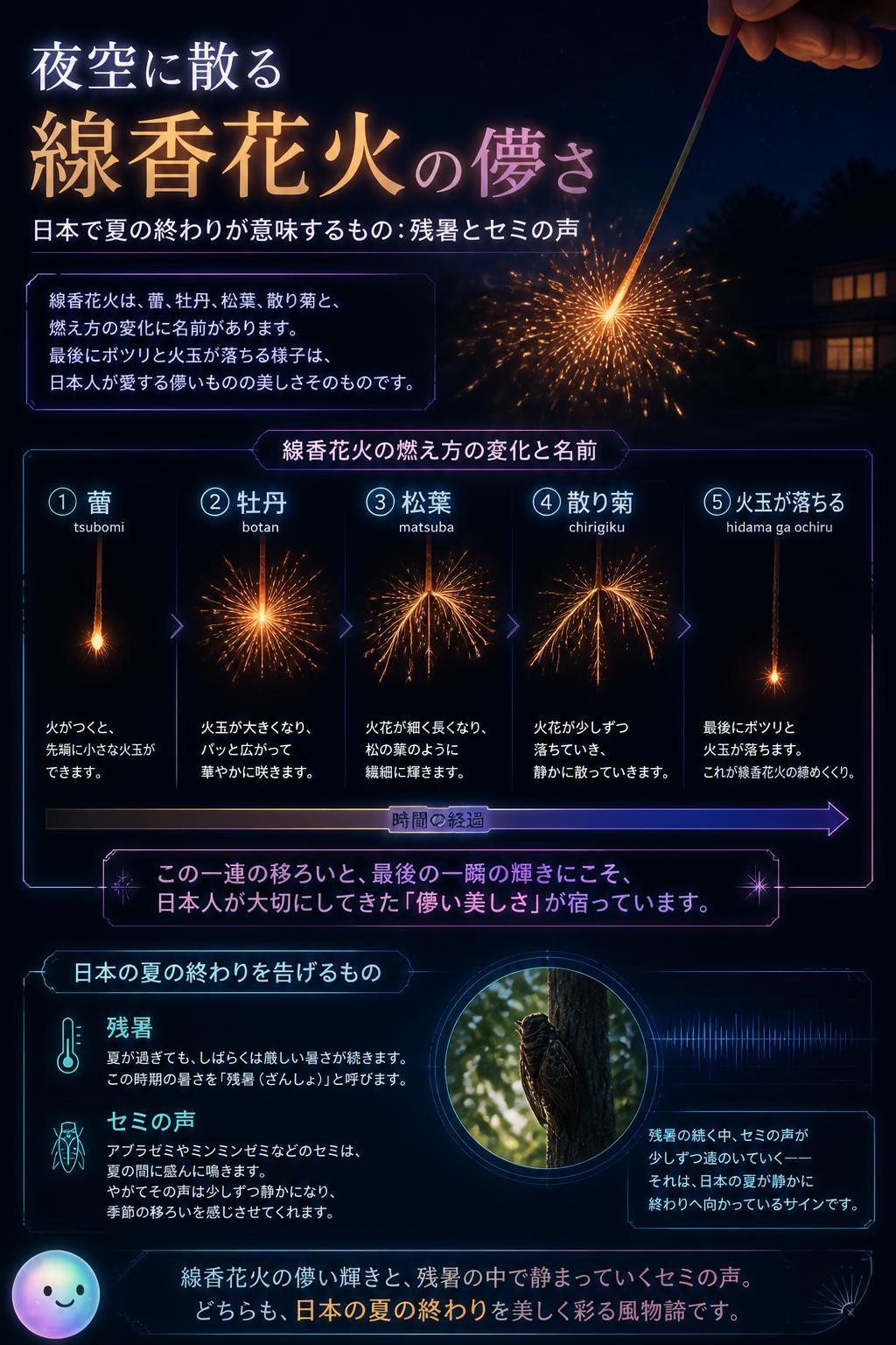 夜空に散る線香花火の儚さ