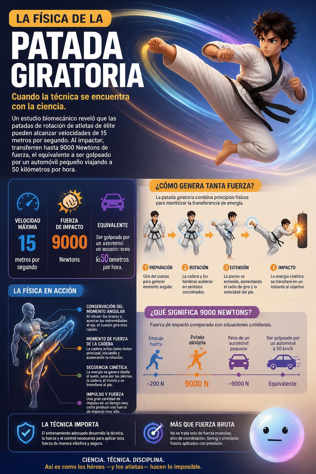 La física de la patada giratoria