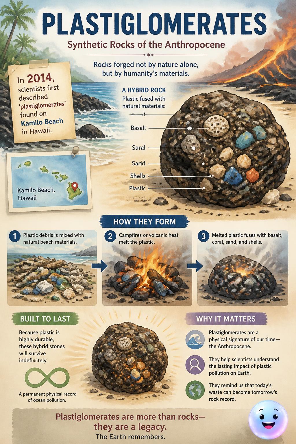 Plastiglomerates and synthetic rocks