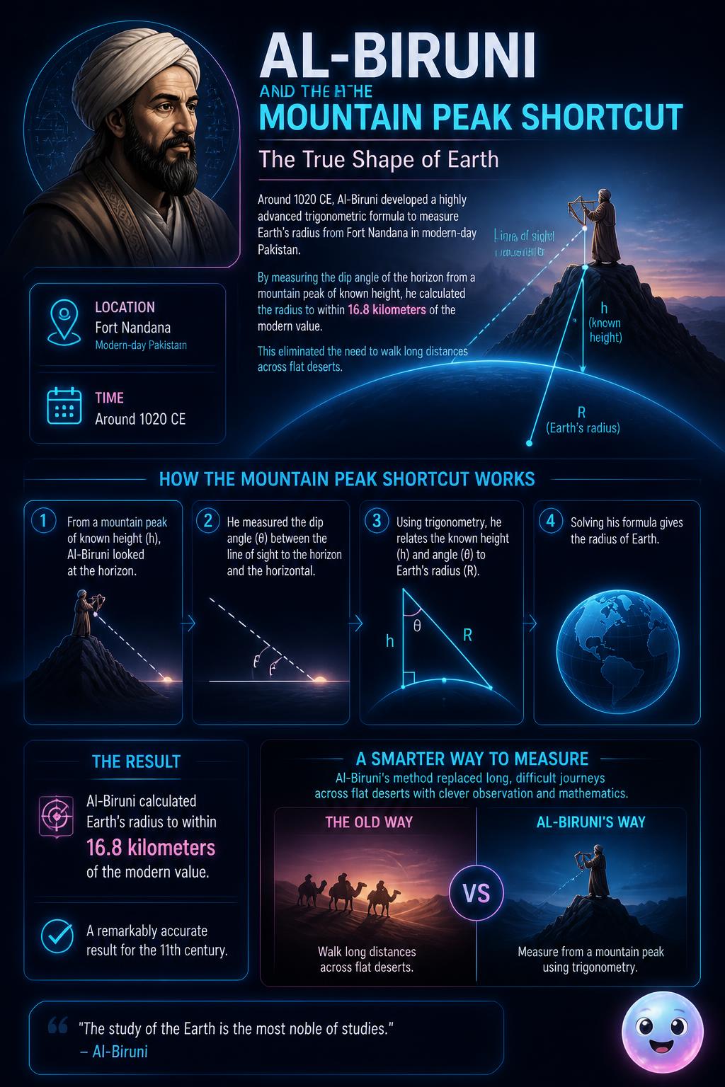 Al-Biruni and the mountain peak shortcut