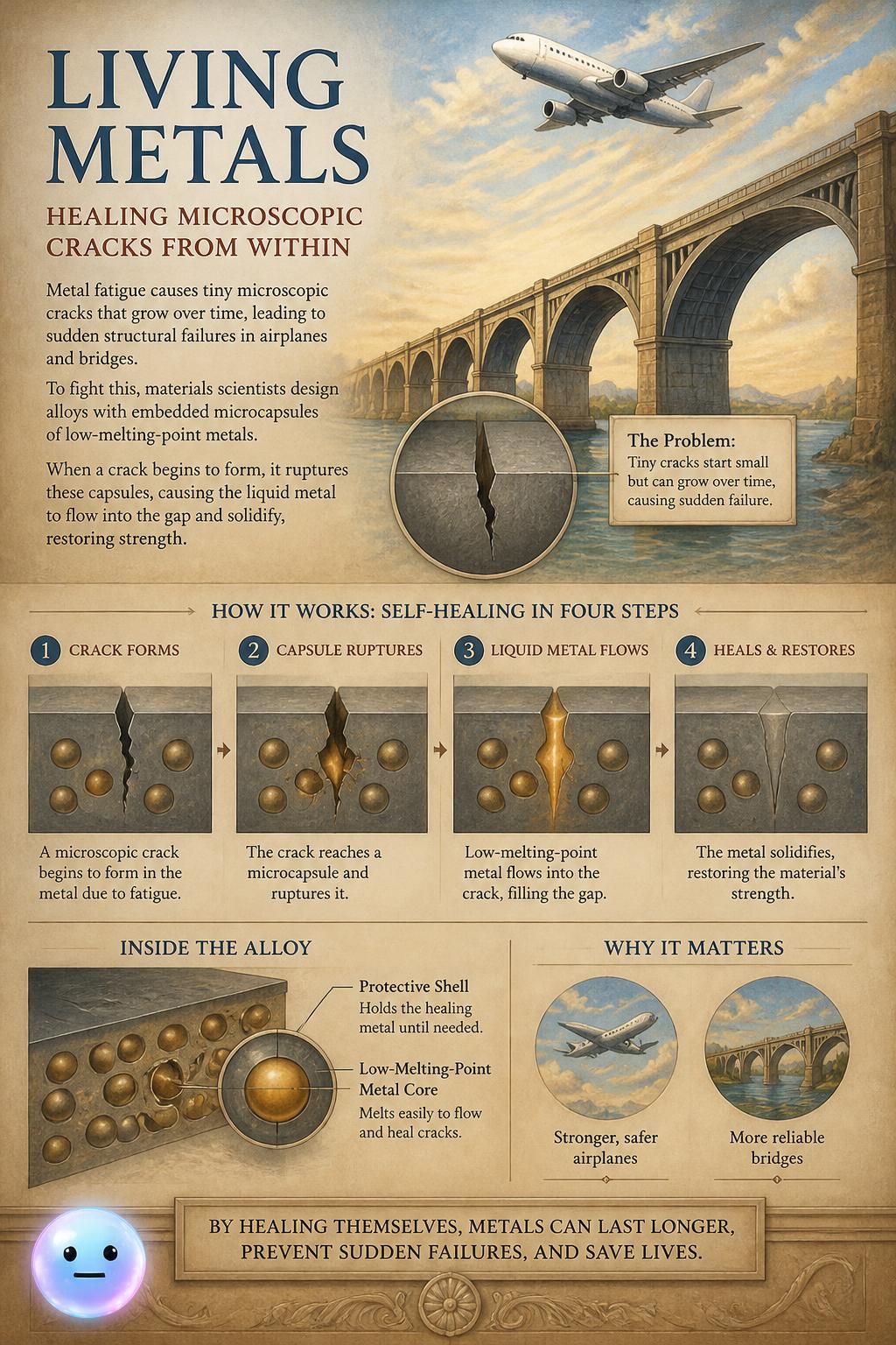 Healing microscopic metal cracks from within