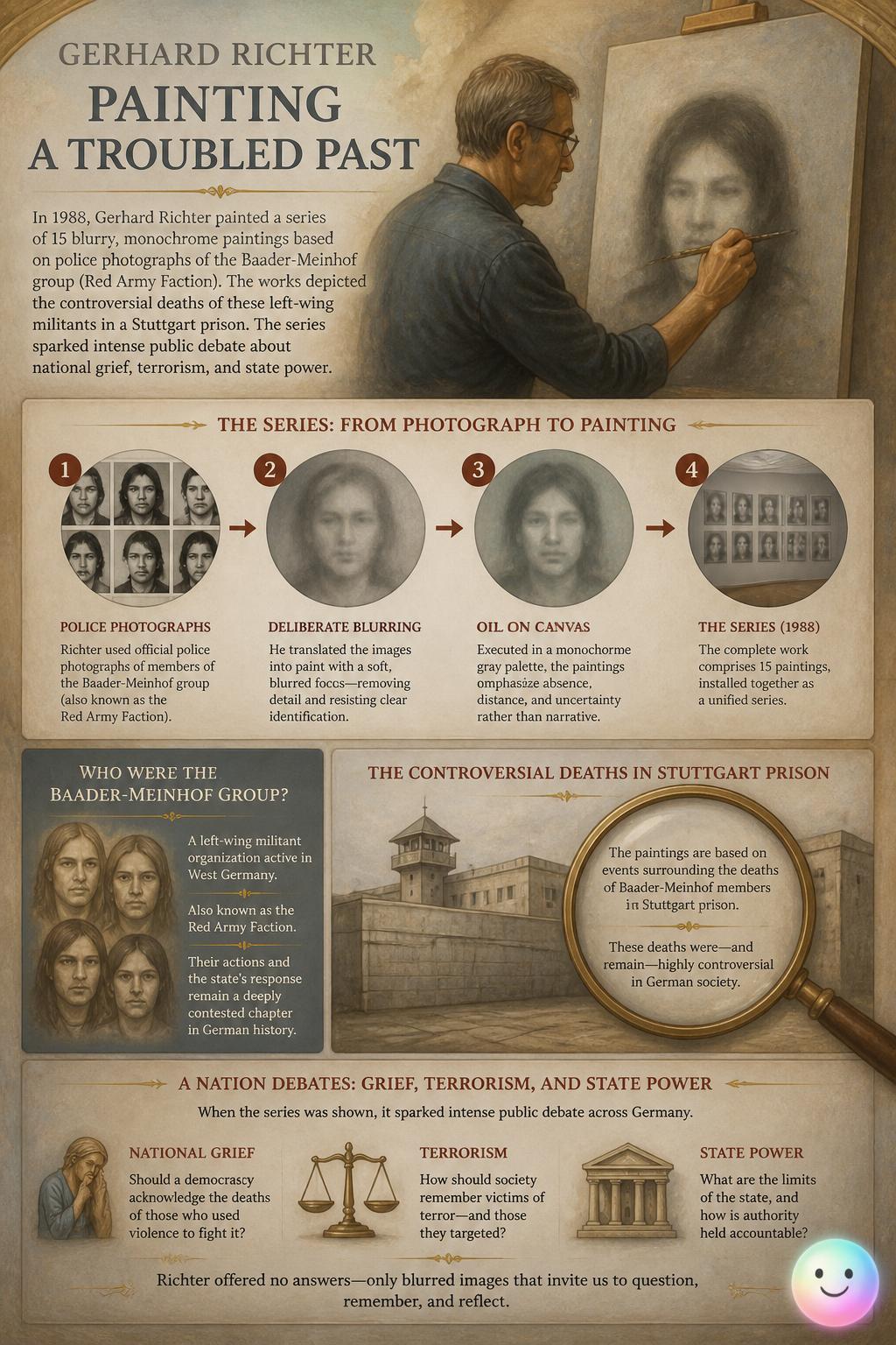 The tragic history painted in soft gray tones
