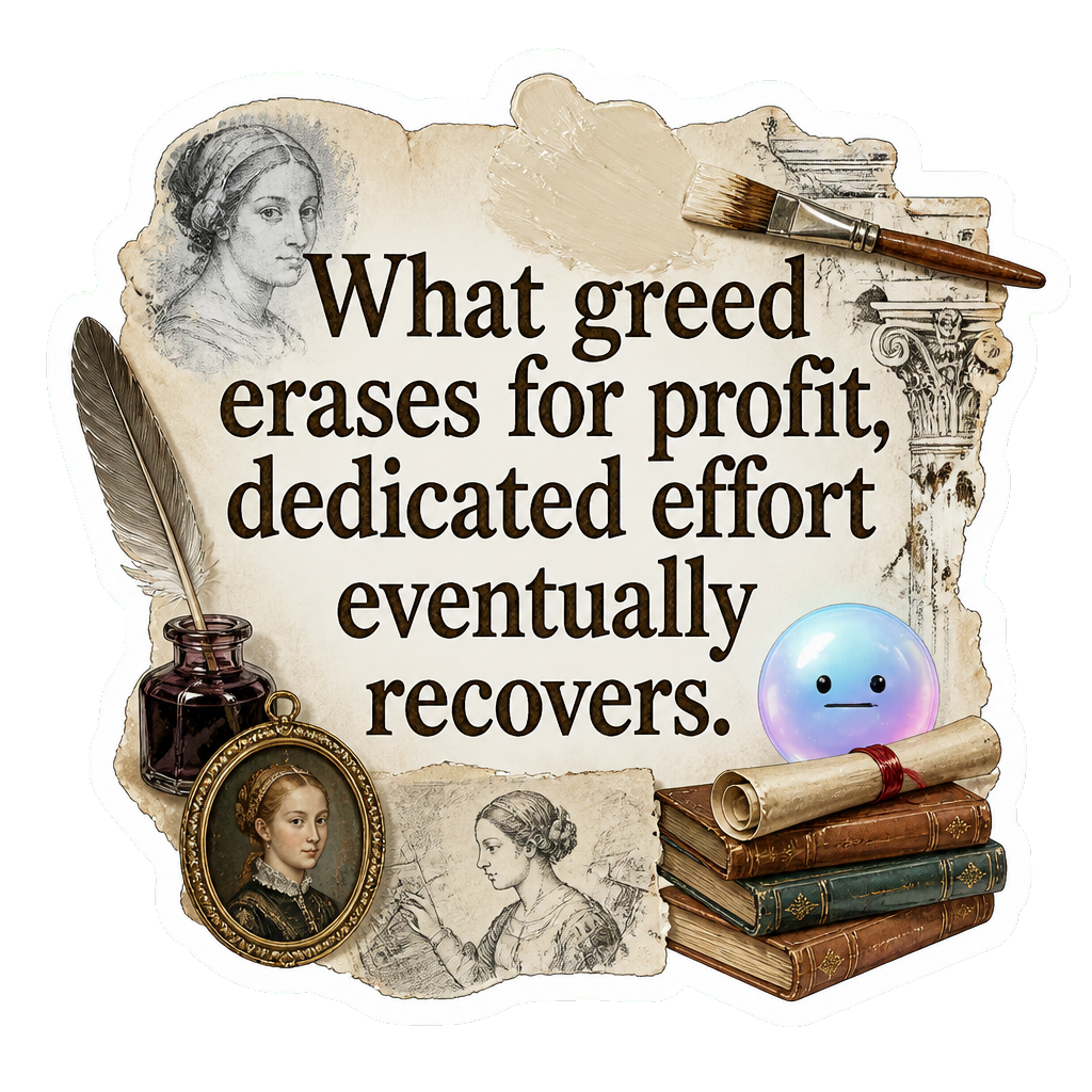 What greed erases for profit, dedicated effort eventually recovers.
