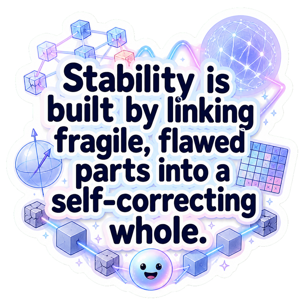 Stability is built by linking fragile, flawed parts into a self-correcting whole.