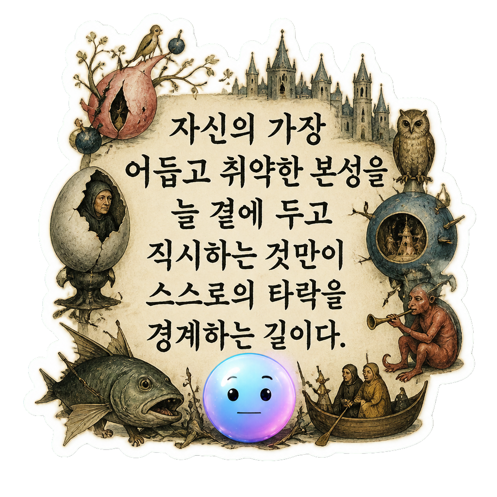 자신의 가장 어둡고 취약한 본성을 늘 곁에 두고 직시하는 것만이 스스로의 타락을 경계하는 길이다.