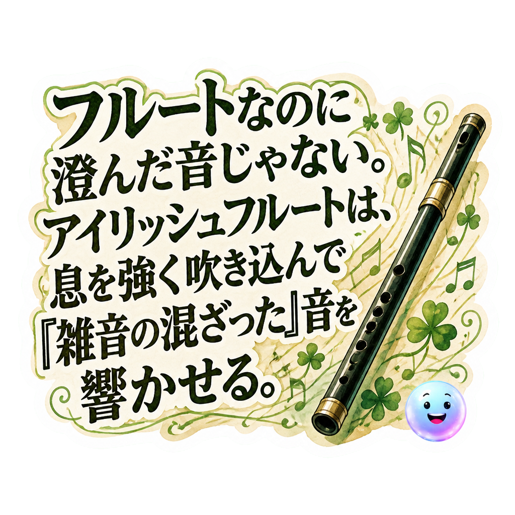 フルートなのに澄んだ音じゃない。アイリッシュフルートは、息を強く吹き込んで『雑音の混ざった』音を響かせる。