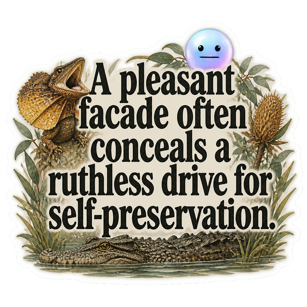 A pleasant facade often conceals a ruthless drive for self-preservation.