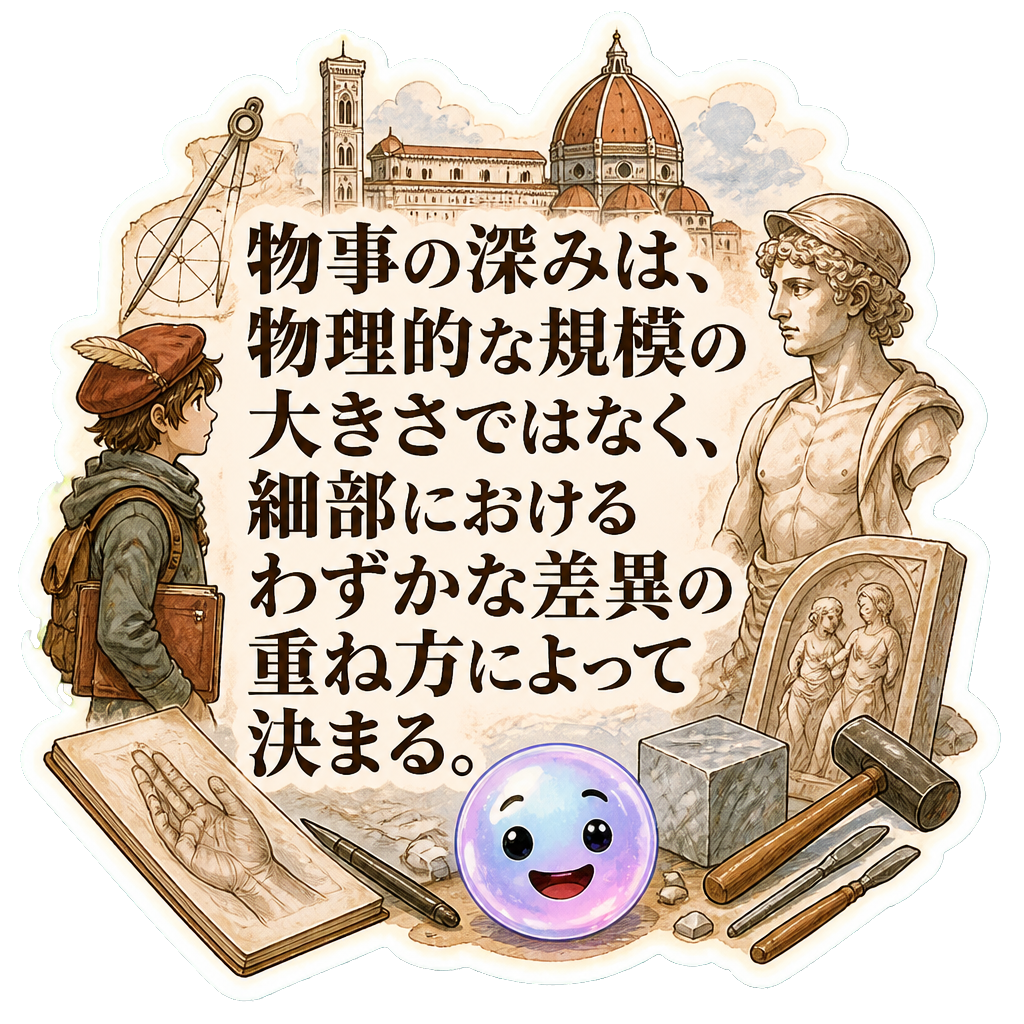 物事の深みは、物理的な規模の大きさではなく、細部におけるわずかな差異の重ね方によって決まる。