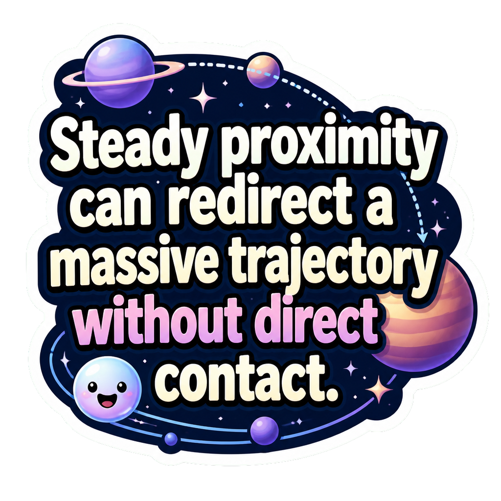 Steady proximity can redirect a massive trajectory without direct contact.