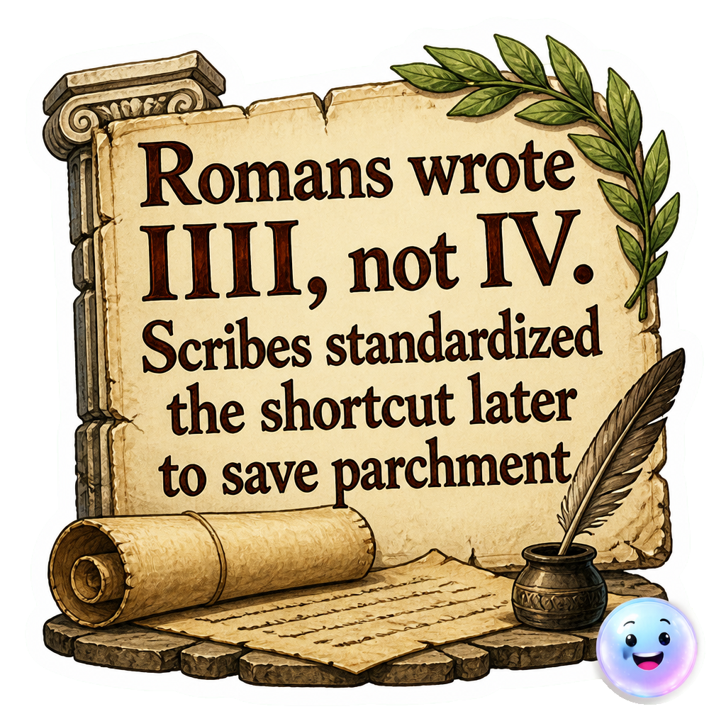 Romans wrote IIII, not IV. Scribes standardized the shortcut later to save parchment.