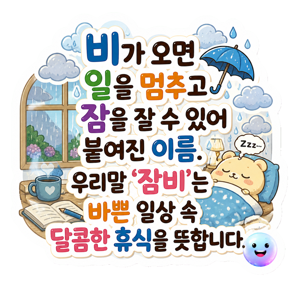 비가 오면 일을 멈추고 잠을 잘 수 있어 붙여진 이름. 우리말 '잠비'는 바쁜 일상 속 달콤한 휴식을 뜻합니다.