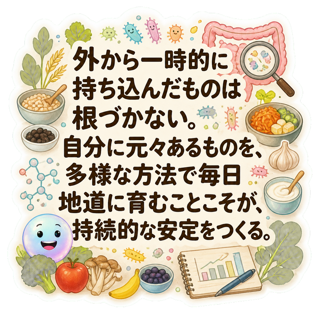 外から一時的に持ち込んだものは根づかない。自分に元々あるものを、多様な方法で毎日地道に育むことこそが、持続的な安定をつくる。