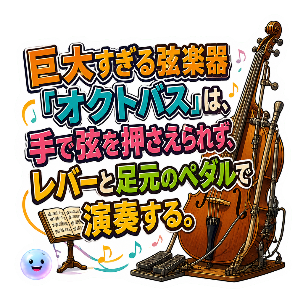 巨大すぎる弦楽器「オクトバス」は、手で弦を押さえられず、レバーと足元のペダルで演奏する。