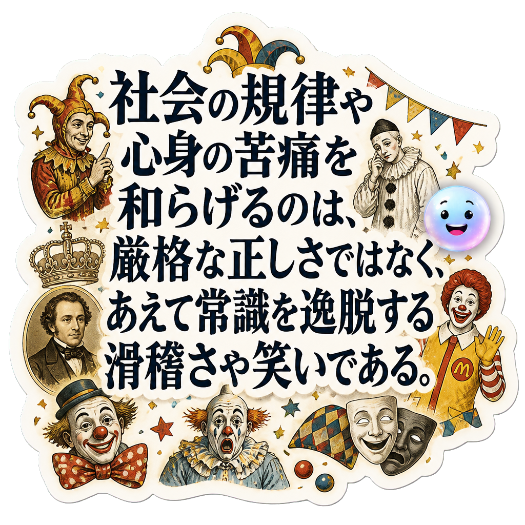 社会の規律や心身の苦痛を和らげるのは、厳格な正しさではなく、あえて常識を逸脱する滑稽さや笑いである。