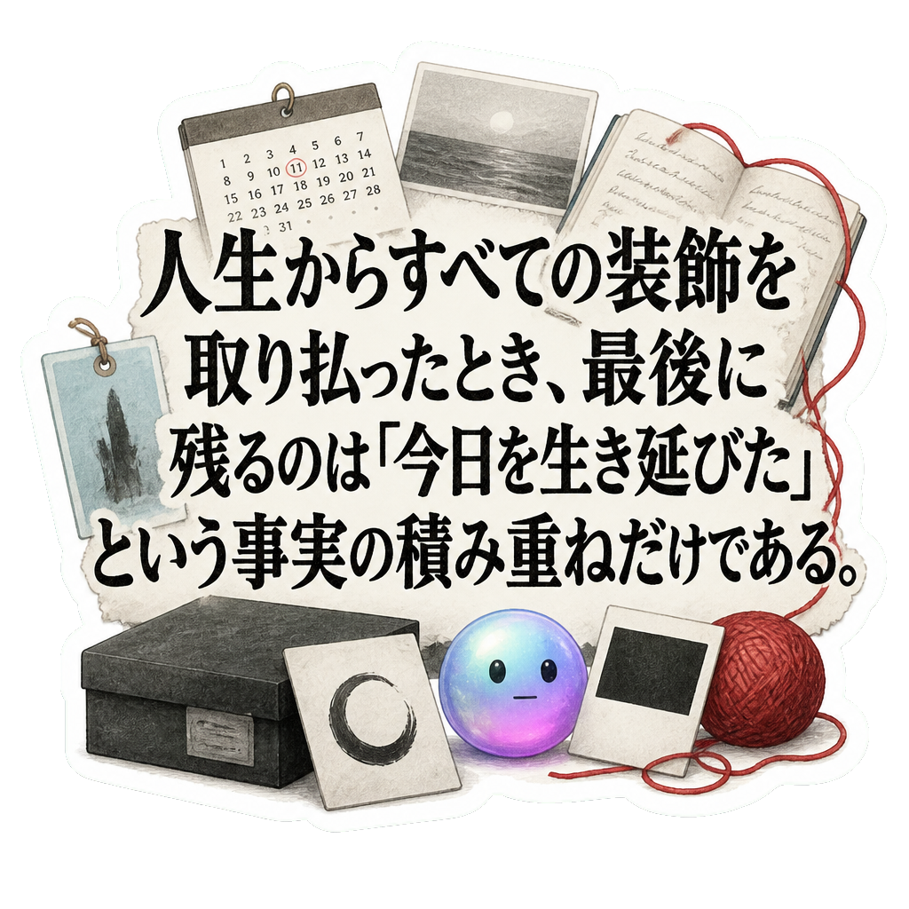 人生からすべての装飾を取り払ったとき、最後に残るのは「今日を生き延びた」という事実の積み重ねだけである。