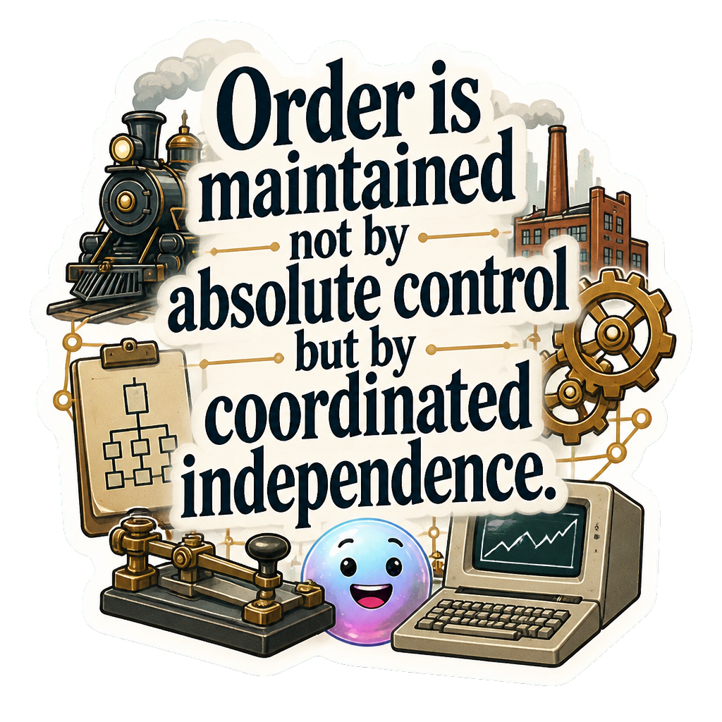 Order is maintained not by absolute control but by coordinated independence.
