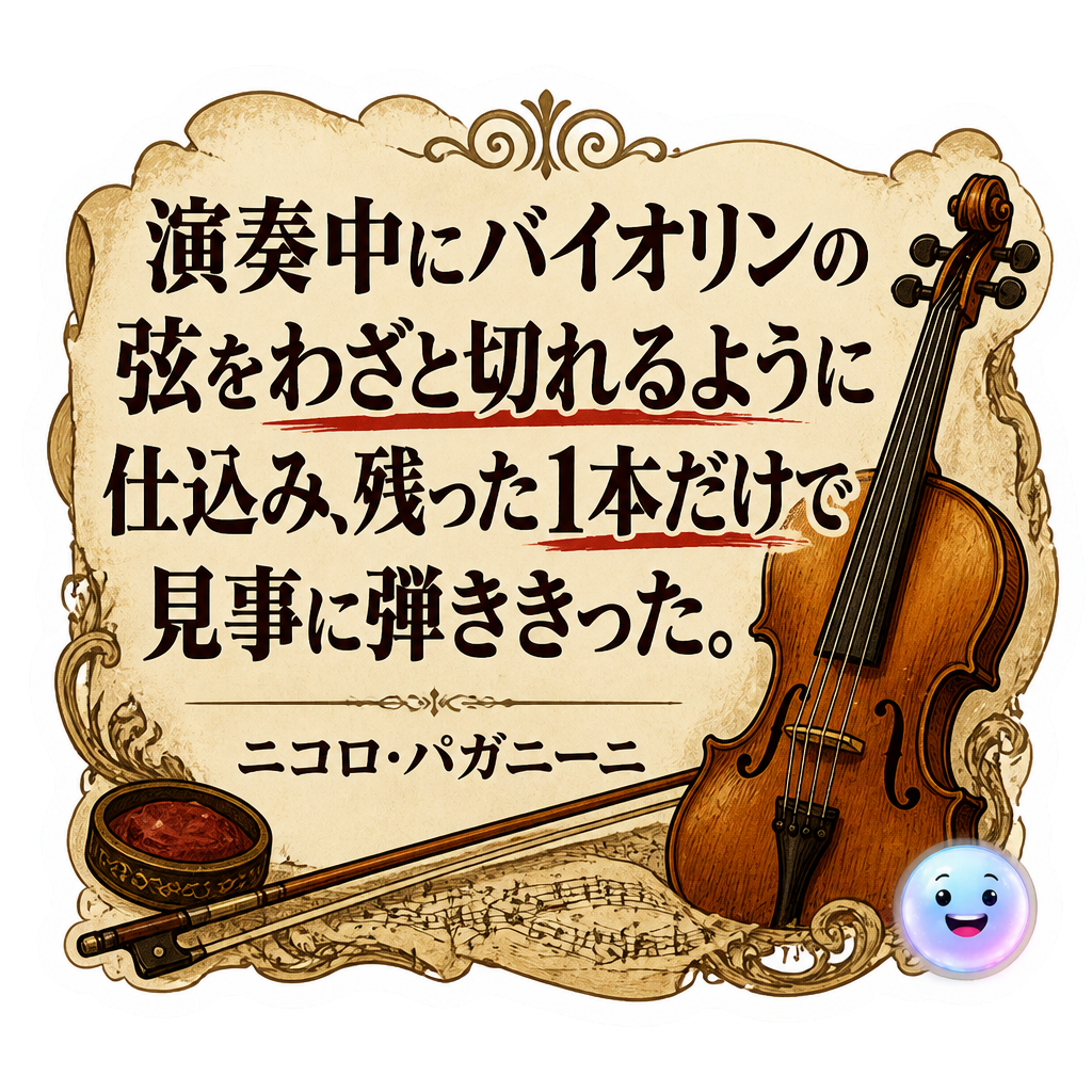 演奏中にバイオリンの弦をわざと切れるように仕込み、残った1本だけで見事に弾ききった。