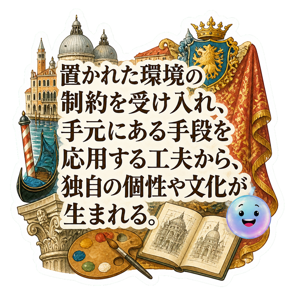 置かれた環境の制約を受け入れ、手元にある手段を応用する工夫から、独自の個性や文化が生まれる。