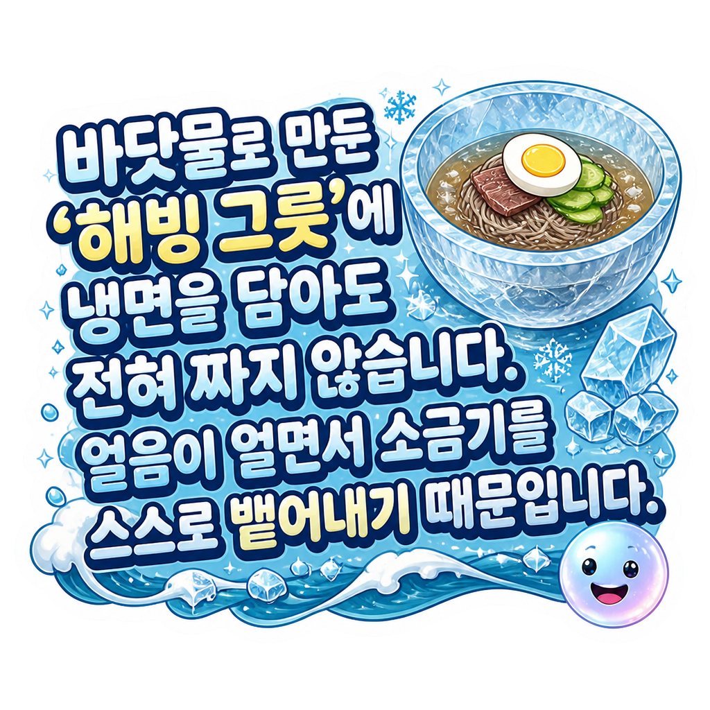 바닷물로 만든 '해빙 그릇'에 냉면을 담아도 전혀 짜지 않습니다. 얼음이 얼면서 소금기를 스스로 뱉어내기 때문입니다.