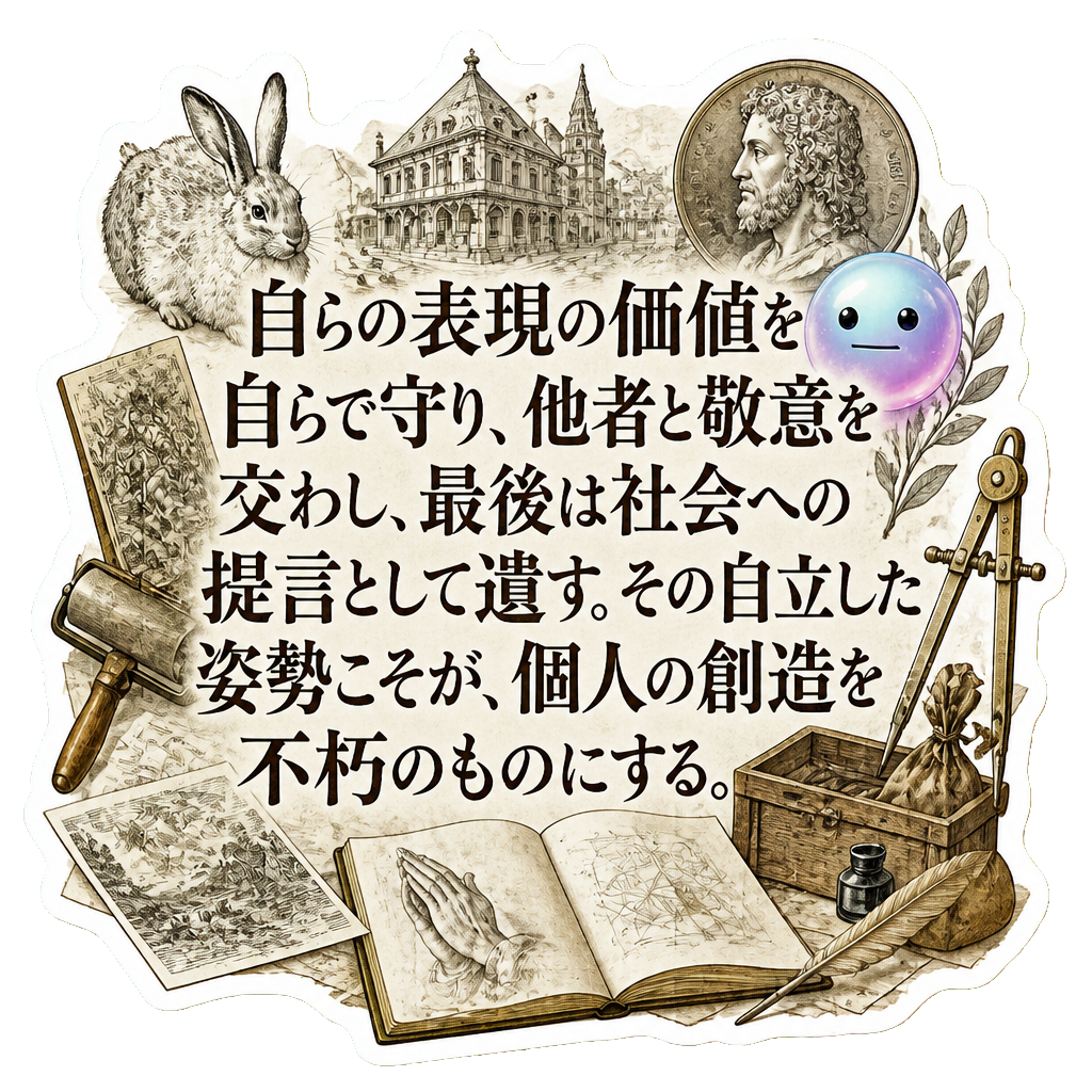 自らの表現の価値を自らで守り、他者と敬意を交わし、最後は社会への提言として遺す。その自立した姿勢こそが、個人の創造を不朽のものにする。